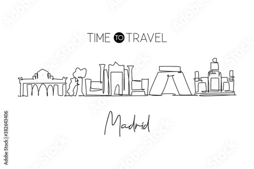 One single line drawing of Madrid city skyline, Spain. Historical skyscraper landscape in world postcard. Best holiday destination wall decor poster. Continuous line draw design vector illustration