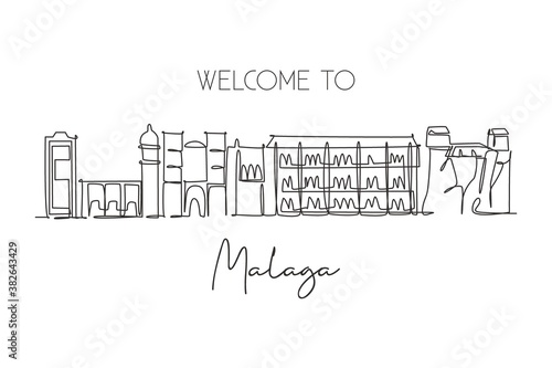 One continuous line drawing Malaga city skyline, Spain. Beautiful skyscraper. World landscape tourism travel vacation wall decor poster art concept. Stylish single line draw design vector illustration