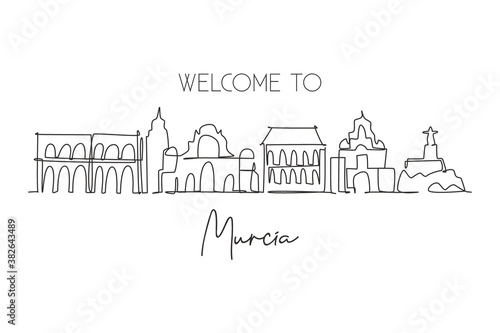 One single line drawing Murcia city skyline Spain. Historical skyscraper landscape in world postcard. Best holiday destination wall decor poster. Trendy continuous line draw design vector illustration