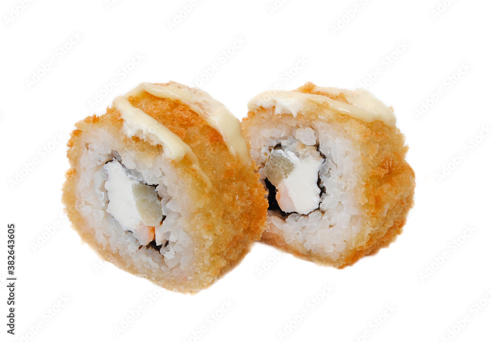 Sushi with salmon in creamy sauce isolated on white background side view Sushi with salmon in creamy sauce isolated on white background side view