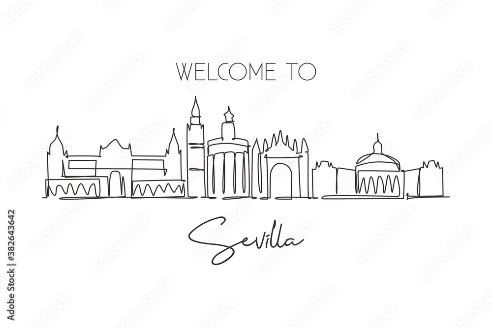 One continuous line drawing of Sevilla city skyline, Spain. Beautiful skyscraper. World landscape tourism travel vacation wall decor poster concept. Stylish single line draw design vector illustration