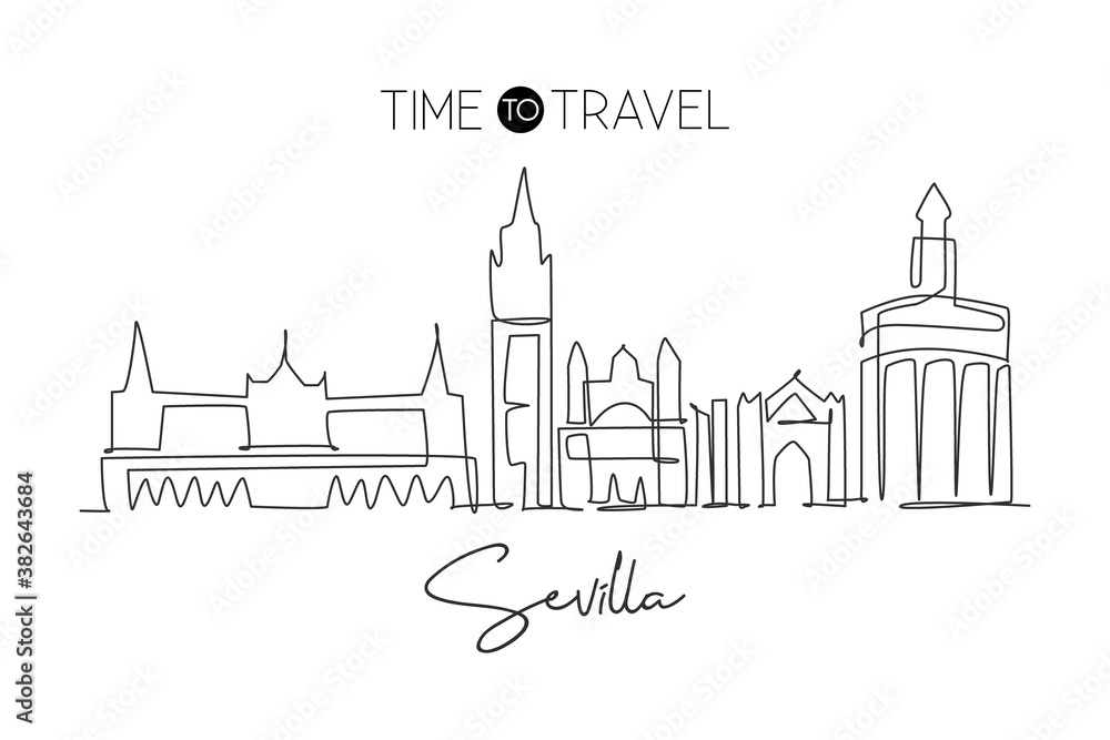 One single line drawing of Sevilla city skyline, Spain. Historical skyscraper landscape in world postcard. Best holiday destination wall decor poster. Continuous line draw design vector illustration