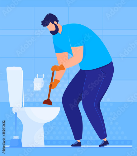 Plumbing work. The plumber punches a blockage in the toilet in the bathroom. Vector illustration