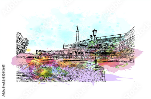 Building view with landmark of Belgrade is the capital and largest city of Serbia. Watercolor splash with hand drawn sketch illustration in vector.