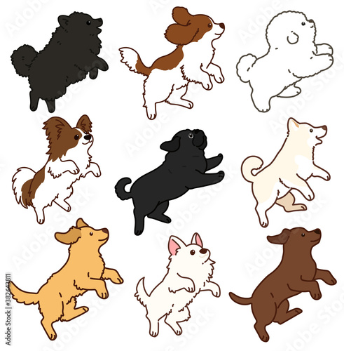 Set of outlined adorable and fluffy dogs jumping