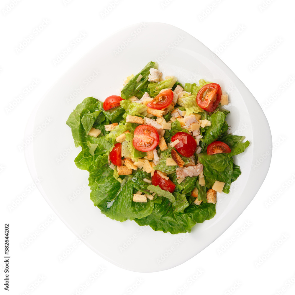 Plate with fresh caesar salad with chicken Plate with fresh caesar salad with chicken