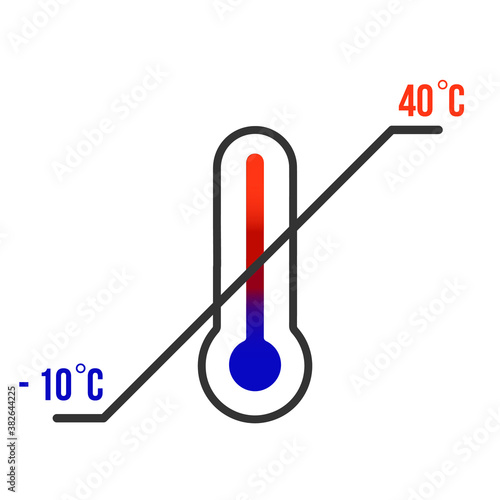 Thermometer. Storage temperature range symbol. Black thermometer icon with diagonal line and degrees sign value. Some standard versions and legend included.