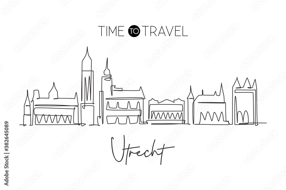 One continuous line drawing of Utrecht city skyline, Netherlands. Beautiful skyscraper. World landscape tourism travel vacation wall decor poster. Stylish single line draw design vector illustration