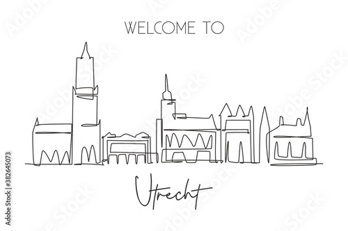 One single line drawing of Utrecht city skyline,Netherlands. Historical landscape in world postcard. Best holiday destination wall decor poster. Trendy continuous line draw design vector illustration