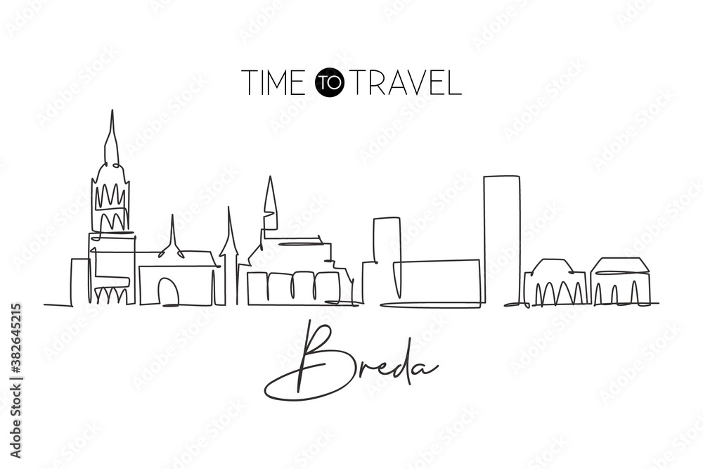 One continuous line drawing of Breda city skyline, Netherlands. Beautiful skyscraper. World landscape tourism travel vacation home wall decor poster print. Single line draw design vector illustration