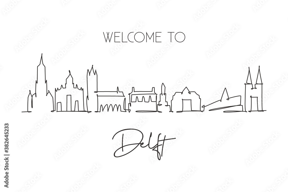 One continuous line drawing of Delft city skyline, Netherlands. Beautiful skyscraper postcard. World landscape tourism travel vacation wall decor poster. Single line draw design vector illustration