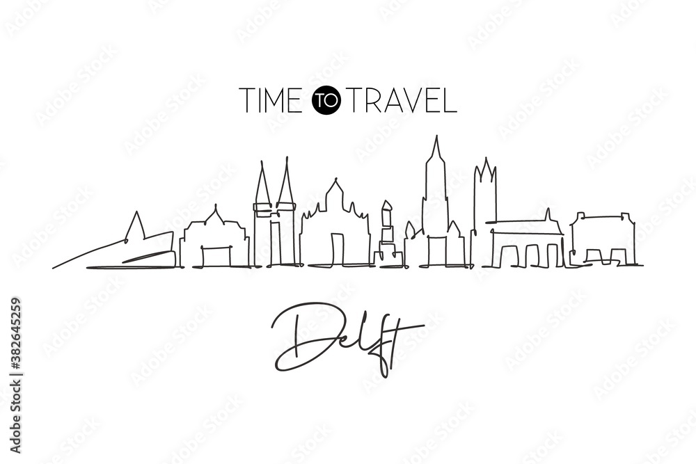 Single continuous line drawing of Delft city skyline, Netherlands. Famous skyscraper landscape. World travel home wall decor poster print art concept. Modern one line draw design vector illustration