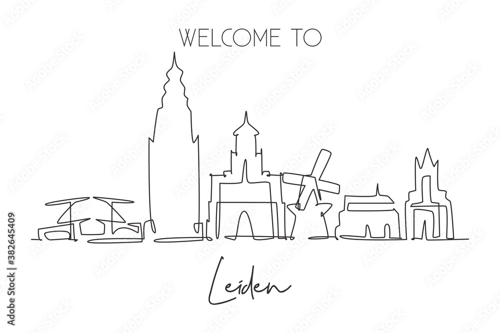 One continuous line drawing of Leiden city skyline, Netherlands. Beautiful skyscraper postcard. World landscape tourism travel vacation wall decor poster. Single line draw design vector illustration