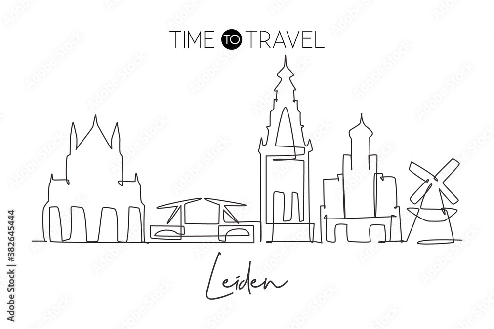 One single line drawing of Leiden city skyline, Netherlands. Historical skyscraper landscape in world. Best holiday destination wall decor poster print. Continuous line draw design vector illustration