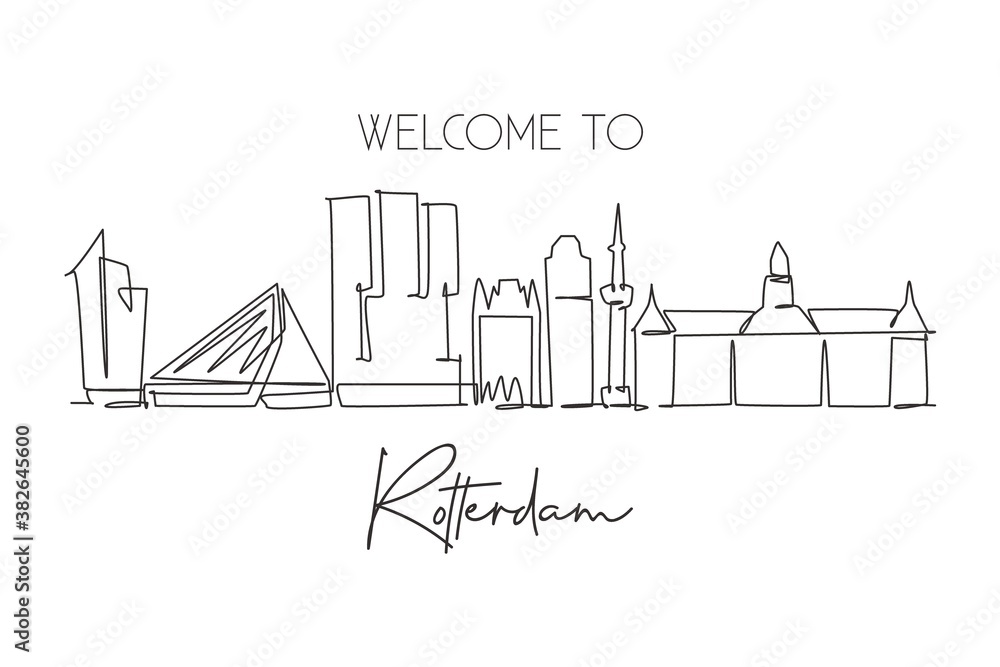 Single continuous line drawing of Rotterdam city skyline, Netherlands. Famous skyscraper landscape postcard. World travel wall decor poster art concept. Modern one line draw design vector illustration