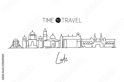 One continuous line drawing of Lodz city skyline, Poland. Beautiful skyscraper. World landscape tourism travel home wall decor poster print concept. Stylish single line draw design vector illustration