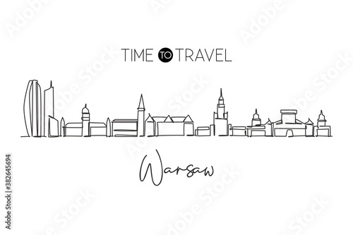 Single continuous line drawing Warsaw city skyline, Poland. Famous skyscraper landscape postcard. World travel wall decor art poster concept. Editable modern one line draw design vector illustration