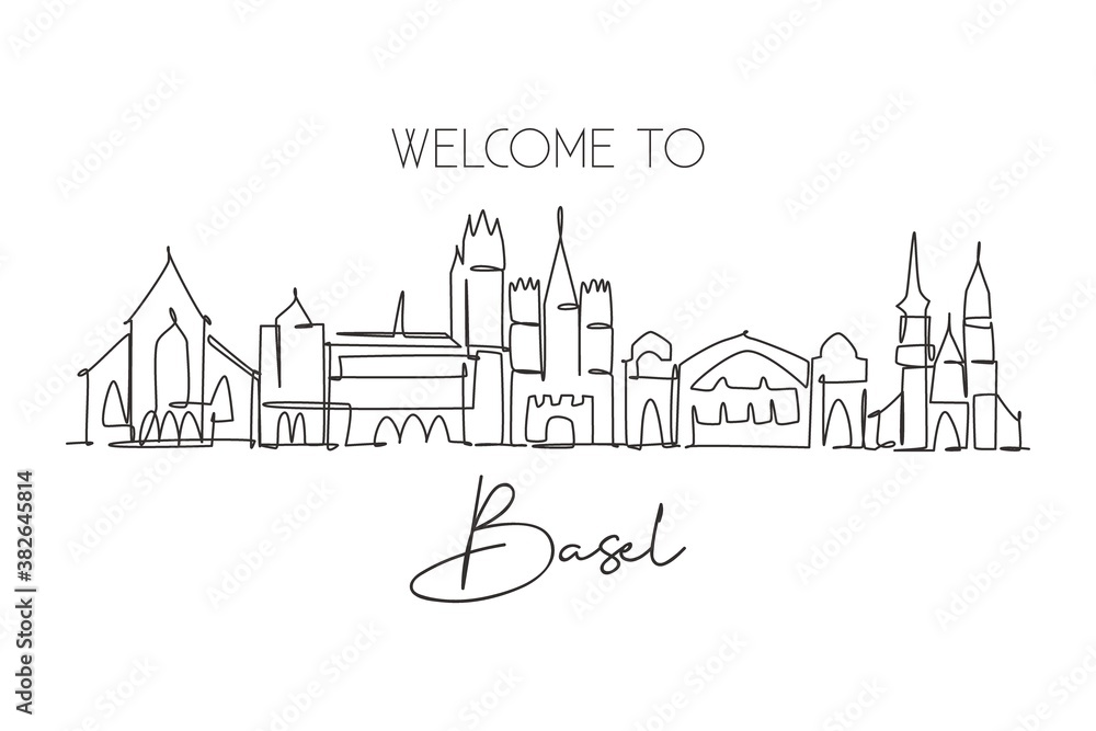 One single line drawing of Basel city skyline, Switzerland. Historical skyscraper landscape in world. Best holiday destination home wall decor. Trendy continuous line draw design vector illustration