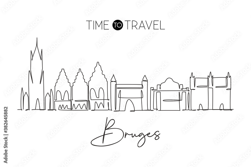 Fototapeta premium One continuous line drawing of Bruges city skyline, Belgium. Beautiful city skyscraper postcard. World landscape tourism travel wall decor poster. Stylish single line draw design vector illustration