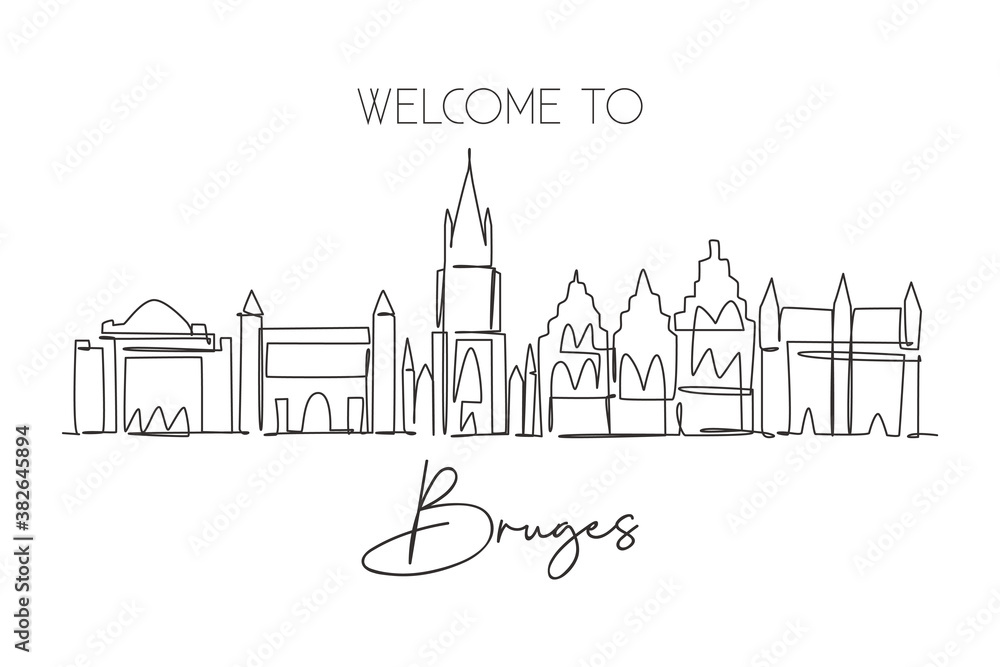 Fototapeta premium Single continuous line drawing of Bruges city skyline, Belgium. Famous skyscraper landscape. World travel home wall decor poster print concept. Editable modern one line draw design vector illustration