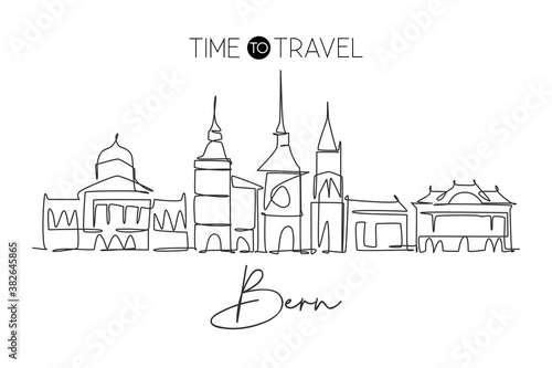 One single line drawing of Bern city skyline, Switzerland. Historical skyscraper landscape in world. Best holiday destination wall decor poster. Trendy continuous line draw design vector illustration