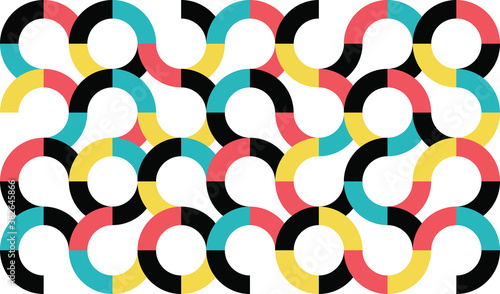 Abstract, seamless pattern made with colorful, circular geometric shapes. Red, blue, yellow and black colors are used. Playful, fun and modern vector background for graphic design.