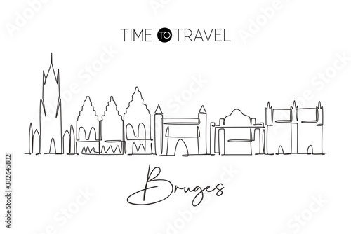One continuous line drawing of Bruges city skyline, Belgium. Beautiful city skyscraper postcard. World landscape tourism travel wall decor poster. Stylish single line draw design vector illustration