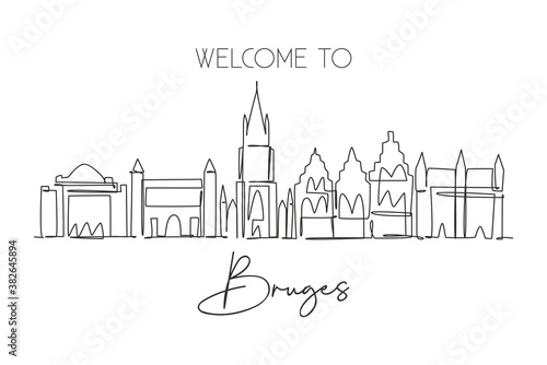 Single continuous line drawing of Bruges city skyline, Belgium. Famous skyscraper landscape. World travel home wall decor poster print concept. Editable modern one line draw design vector illustration
