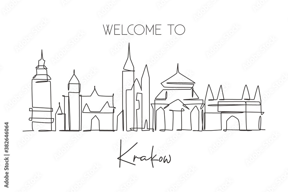 One single line drawing of Krakow city skyline, Poland. Historical skyscraper landscape postcard. Best holiday destination wall decor poster art. Trendy continuous line draw design vector illustration