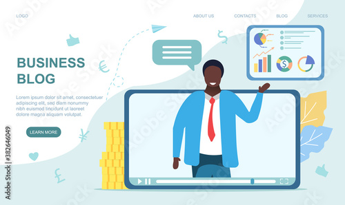 Business video blog concept. A businessman video blogger talking how to do business in his video blog. Flat vector illustration. Web page template.