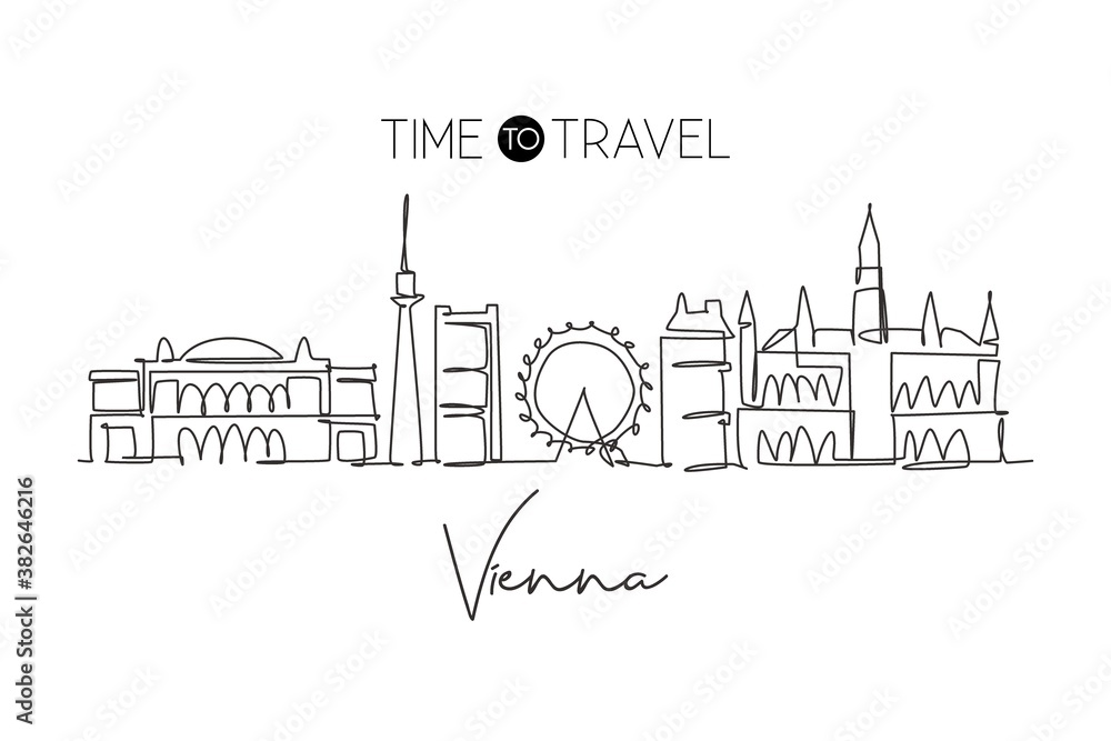 One continuous line drawing of Vienna city skyline, Austria. Beautiful landmark. World landscape tourism travel vacation poster. Editable stylish art stroke single line draw design vector illustration