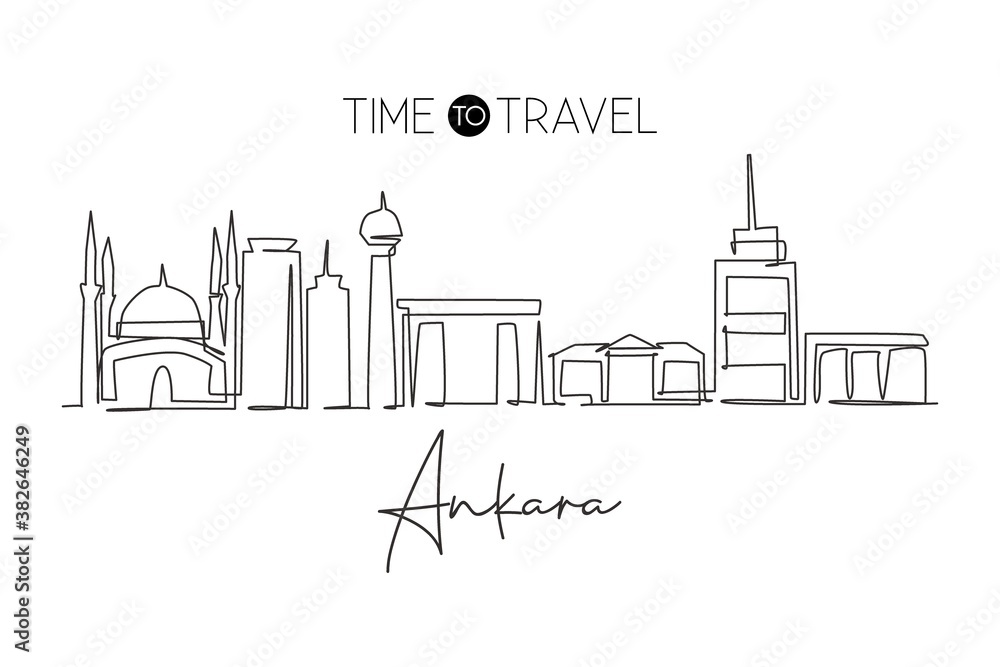 One single line drawing of Ankara city skyline, Turkey. Historical town landscape in the world. Best holiday destination. Editable stroke trendy continuous line draw design vector illustration