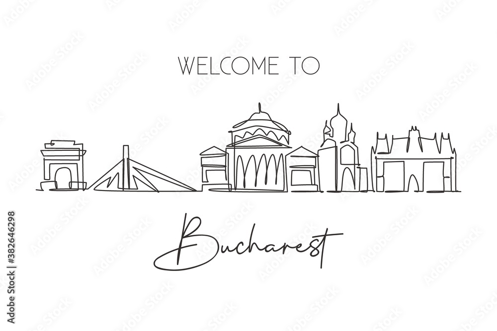 Single continuous line drawing of Bucharest city skyline, Romania. Famous city scraper landscape. World travel home art wall decor poster print concept. Modern one line draw design vector illustration