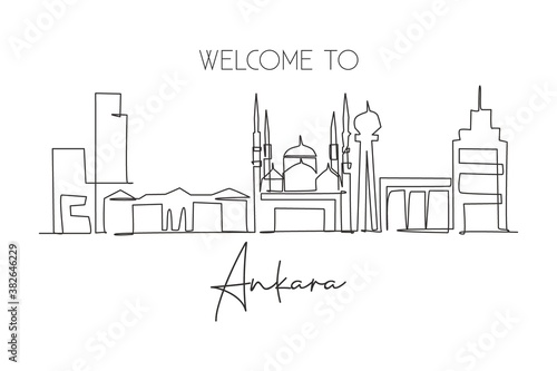 Single continuous line drawing of Ankara city skyline, Turkey. Famous city scraper landscape. World travel home wall decor art poster print concept. Modern one line draw design vector illustration