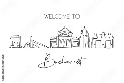 Single continuous line drawing of Bucharest city skyline, Romania. Famous city scraper landscape. World travel home art wall decor poster print concept. Modern one line draw design vector illustration