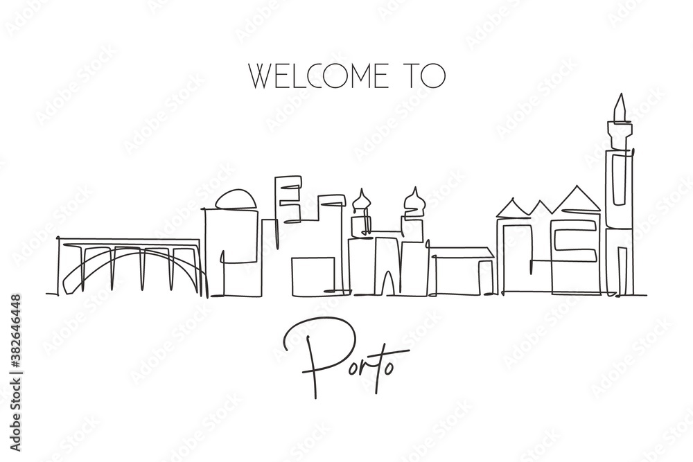 Single continuous line drawing of Porto city skyline, Portugal. Famous city scraper landscape. World travel home art wall decor poster print concept. Modern one line draw design vector illustration