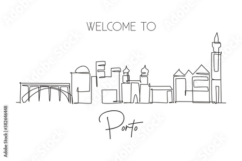 Single continuous line drawing of Porto city skyline, Portugal. Famous city scraper landscape. World travel home art wall decor poster print concept. Modern one line draw design vector illustration