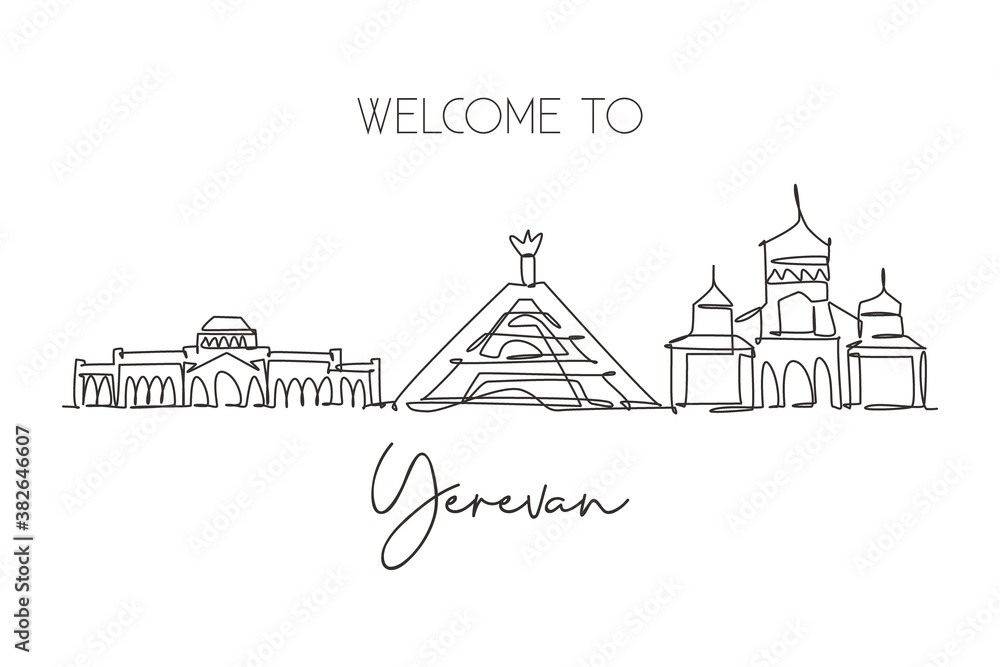 One continuous line drawing of Yerevan city skyline, Armenia. Beautiful