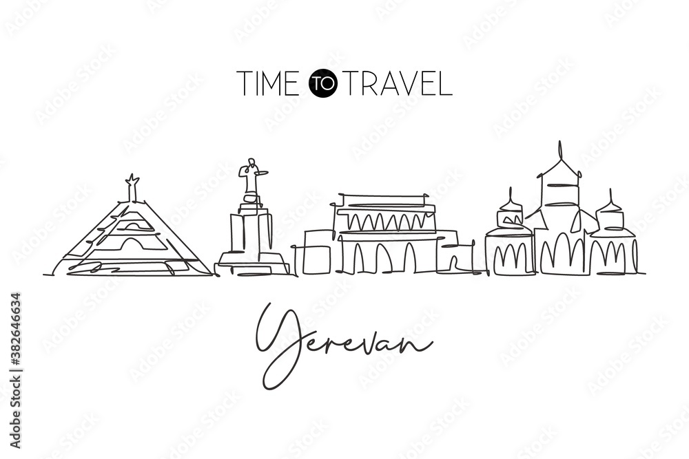 Single continuous line drawing of Yerevan city skyline, Armenia. Famous city scraper and landscape. World travel concept home wall decor poster print. Modern one line draw design vector illustration
