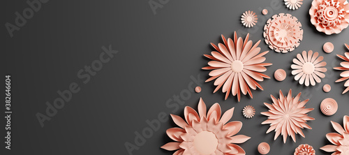 Fototapeta Naklejka Na Ścianę i Meble -  Pink gold paper flowers on black - elegant background