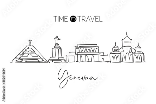 Single continuous line drawing of Yerevan city skyline, Armenia. Famous city scraper and landscape. World travel concept home wall decor poster print. Modern one line draw design vector illustration