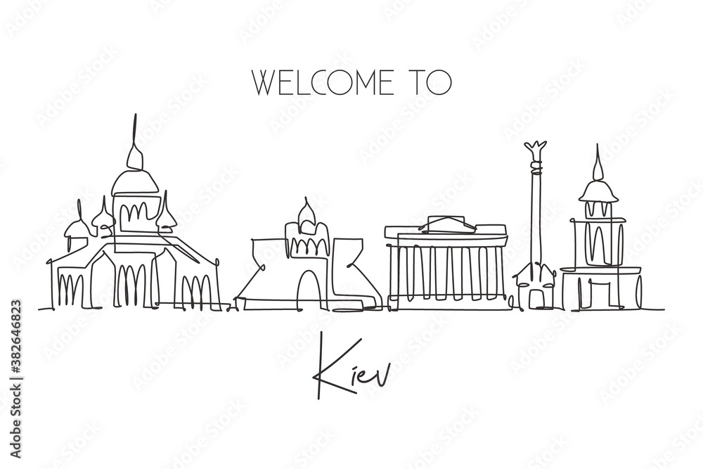 One single line drawing of Kyiv city skyline, Ukraine. Historical town landscape in world. Best holiday destination wall decor art poster print. Trendy continuous line draw design vector illustration
