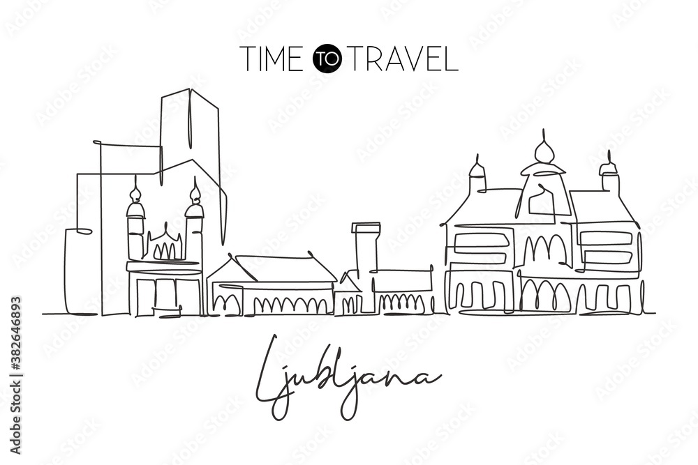 One single line drawing of Ljubljana city skyline, Slovenia. Historical town landscape in world. Best holiday destination home wall decor print. Trendy continuous line draw design vector illustration