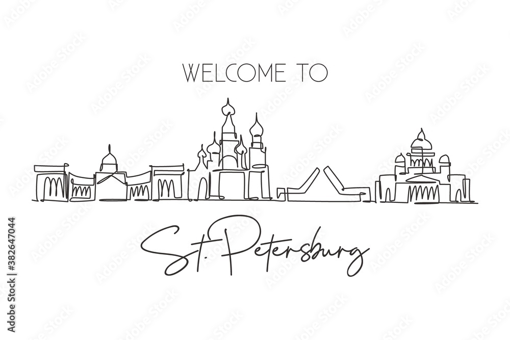 One continuous line drawing of St. Petersburg city skyline, Russia. Beautiful landmark. World landscape tourism and travel vacation. Editable stylish stroke single line draw design vector illustration