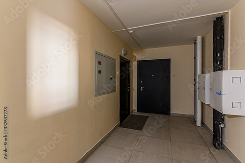 Russia, Moscow- April 10, 2020: interior public place, house entrance. doors, walls, staircase corridors