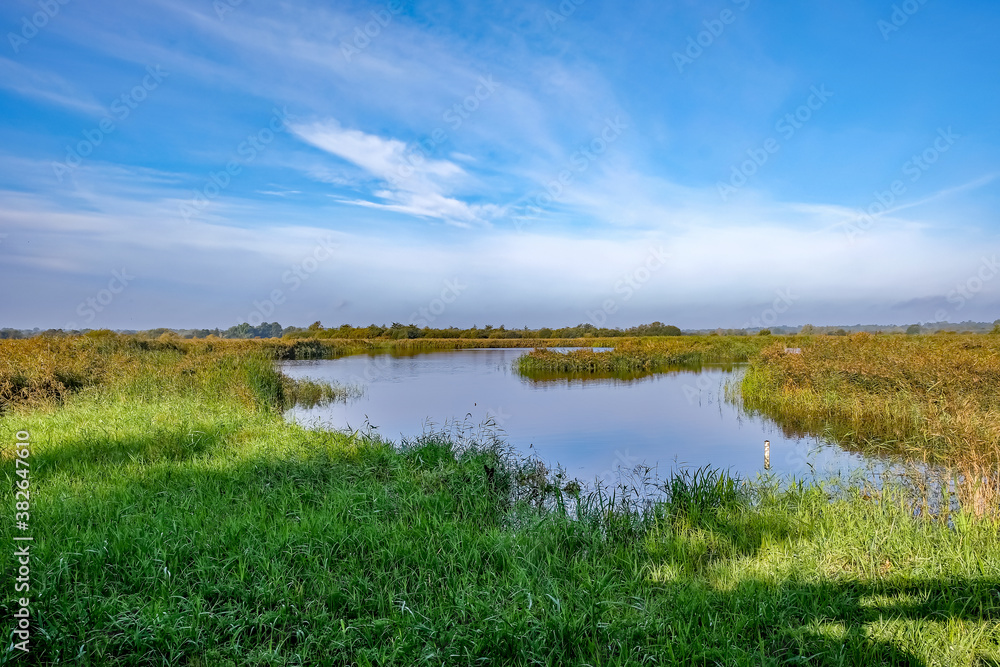 A view across the lake, reedbeds and marshes from the bird hide on RSPB Strumpshaw Nature Reserve in rural Norfolk