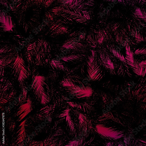 Seamless Miami night tropical pattern black foliage on sunset blur. High quality illustration. Swim  sports  or resort wear repeat print. Dark foreground on blurred background. Dark vibrant colors.