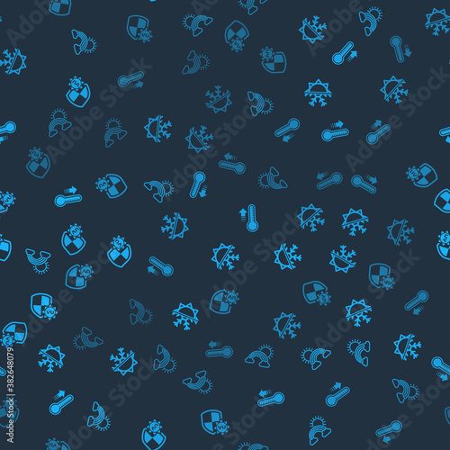 Set Rainbow with clouds and sun, Sun snowflake, Meteorology thermometer and UV protection on seamless pattern. Vector.