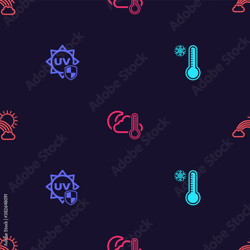 Set Meteorology thermometer, UV protection, Thermometer and cloud, moon and Rainbow with clouds sun on seamless pattern. Vector.