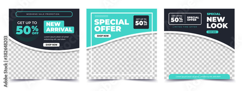 Set of Editable square banner template. Black and green background color with stripe line shape. Suitable for social media post, instagram and web internet ads. Vector illustration with photo college